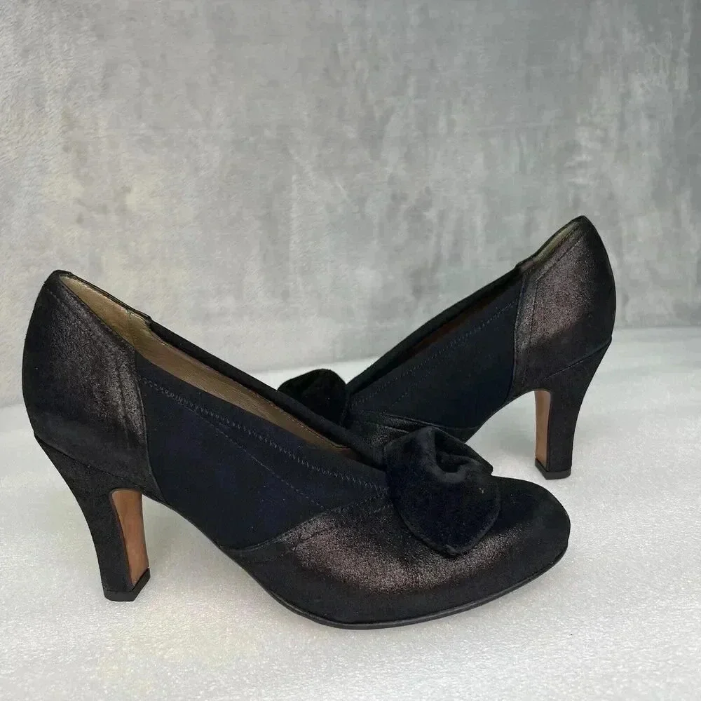 ANYI‎ LU Hand Made Italy Heels Black Fabric Metallic Leather Bow Detail Formal 9